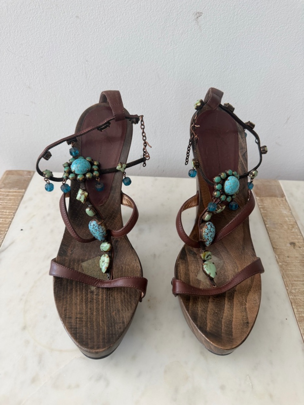 Giuseppe Zanotti Brown Leather Beaded Wedge Sandals with Turquoise Accents